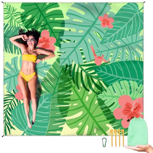 Beach Blanket Waterproof Sandproof Large Beach Mat 79" X 83" for 2-4 Adults Sand Free Mat Quick Drying,Lightweight & Durable with 4 Stakes & 4 Corner Pockets for Beach Travel Camping Hiking.(Green) - color: Green, size: 79" X 83"