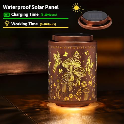 Solar Lanterns Outdoor Waterproof Mushroom Butterfly Garden Decor Gifts for Women Mon Grandma Metal Hanging Solar Lights Decoration for Outside LED Lanterns for Yard Patio Lawn - style: Mushroom