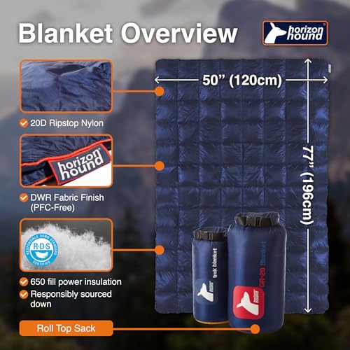 Horizon Hound Down Camping Blanket 650 Fill Power - Ultralight Backpacking Quilt (1lb 6oz) Warm & Water-Resistant 20D Nylon Shell for Outdoors, Camping, Hiking, Travel, & Stadium - Packable - color: Midnight Blue