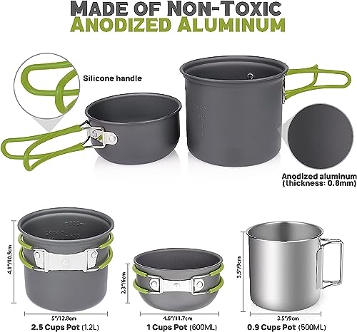 Camping Cookware Mess Kit for 1 People,ISFORU Camping Non-Stick Cooking Set Include Backpack Pot and Pan Set with 304 Stainless Steel Cup and Utensil Set for Traveling Trekking and Hiking
