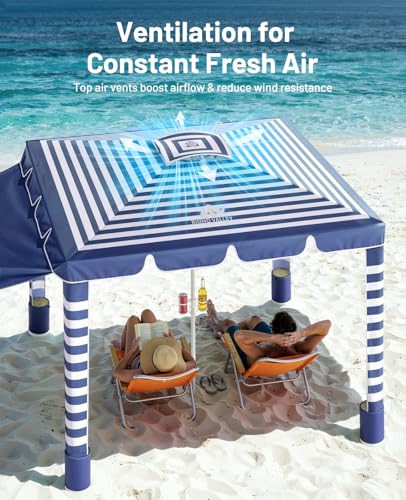 Rhino Valley Beach Cabana, 120 Sq. Ft Beach Canopy UPF50+ Protection, Easy Setup & Adjustable Height Beach Tent Sun Shelter with Cup Holder, Portable for 4-8 People, Blue & White Stripes - color: Blue & White Stripes