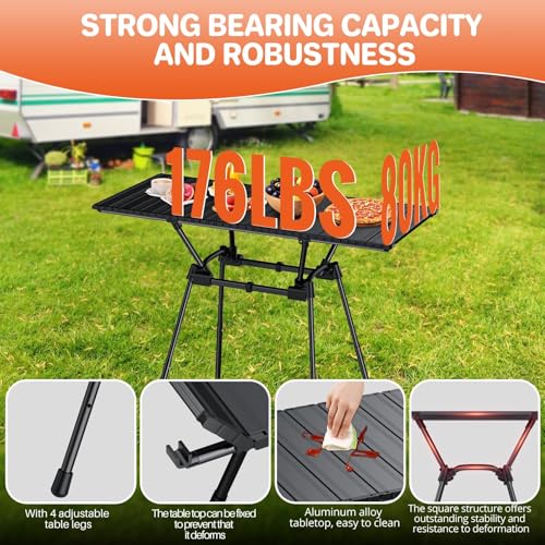 FUNYKICH 3ft Aluminum Roll Up Camping Table(L35''xW16''), 4 Height Adjustable Ultralight Folding Camp Table Up to 28'', Portable Tables with Carry Bag for Camping, Picnic, BBQ, Party, Backyard, Beach - size: Aluminium tabletop-35''x16''x(28/24.8/26.4/20''