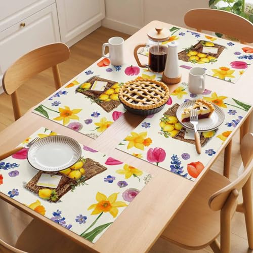 Spring Flowers Watercolor Placemats Set of 2, Summer Picnic Basket of Lemons Table Mats Washable Heat-Insulation Non-Slip Place Mats for Kitchen Dinner Table Indoor Outdoor Decor - size: 13''x19'' - 2PCS