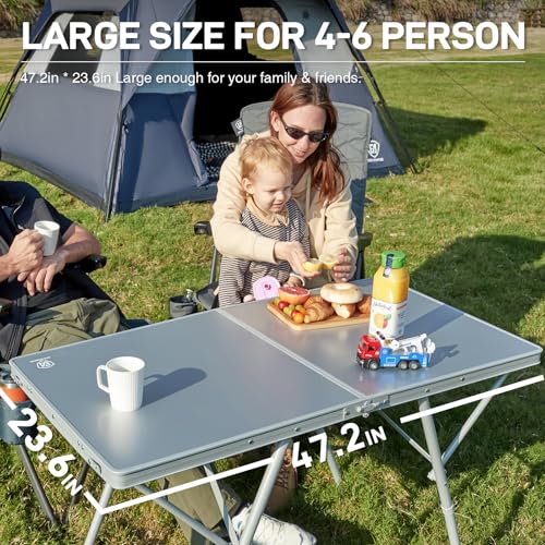 EVER ADVANCED Large Camping Table for 4-6 Person, Portable Folding Aluminum Table with Carrying Handle, Suitable for BBQ, Picnic, Camping and Indoor Use, Support up to 130LBS, Silver - color: Silver