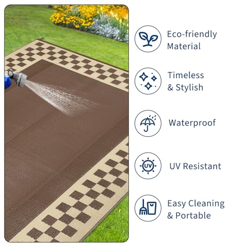 Outdoor Rug Waterproof 8x10 ft Reversible Weather Resistant Plastic Straw Rugs with Stakes & Carry Bag, Modern Geometric Outdoor Patio Rug, Portable Camping Carpet for Backyard, Brown Beige - color: Border1|brown Beige, size: 8' x 10' (Rectangular)