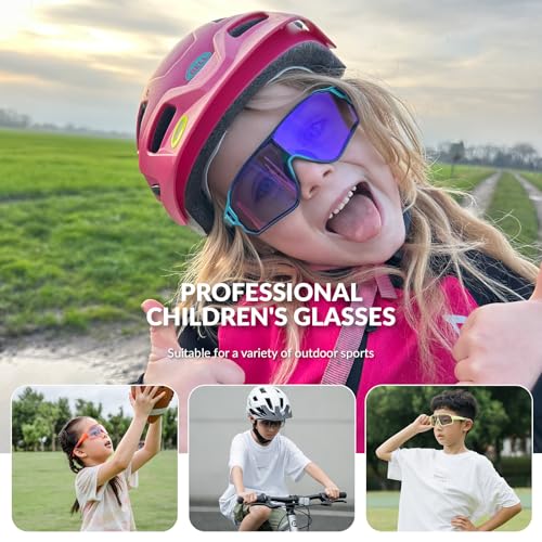 ROCKBROS Kids Photochromic Cycling Glasses, UV400 Clear to Dark Transition Sports Sunglasses for Youth Boys Girls Age 8-14 - color: Glossy Grey / Photochromic