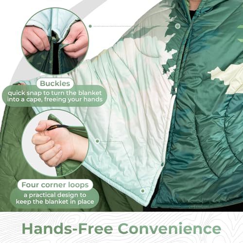 KingCamp Ultralight Camping Blanket, Packable Down Alternative Puffy Printed Wearable Blanket with Snap Buttons & Corner Loops Weatherproof Quilt for Outdoor Travel Stadium (78.7"L x 57.1"W, GREEN) - color: Scenictrail-green, size: 79" x 57"