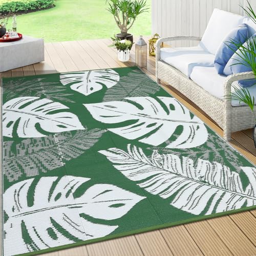 GarveeLife Outdoor Rug 8x10 Patio Waterproof Plastic Straw Rug Reversible UV Resistant Camping Mat, Foldable Lightweight RV Picnic Mat with Portable Bag, Modern Outdoor Carpet for Yard, Green - color: Leaf|green&white, size: 8' x 10' (Rectangular)