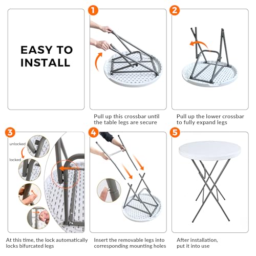 Lakhow Cocktail Table 28in Folding Round High Top Indoor Outdoor with Removable Legs, Tall Bistro Foldable Bar Height Table for Parties, Patio, Backyard, Dining Room, Events, Black- 1PCS - size: 28''×43''/1PC