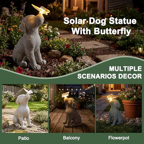 Lyeasw Dog Solar Statues with Butterfly - Waterproof Gray Dog Garden Decor for Patio, Yard, Porch- Cute Puppy Figurines with Solar LED Lights for Outdoor Decor, Pet Memorial Gift - color: Dog With Butterfly