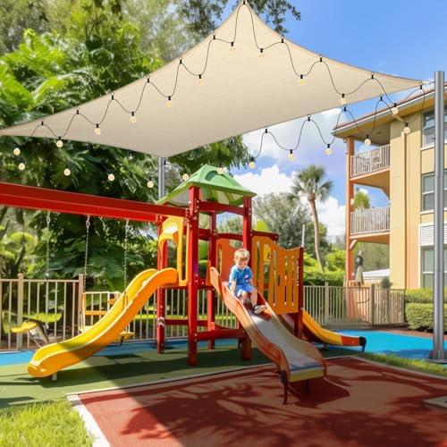 Sun Shade Sail with LED G40 String Lights, 8‘ x 12' Rectangle Beige Shade Cloth, 95-98% UV Protection, Ideal for Patio, Garden, Backyard - Easy to Install with Innovative Hooks