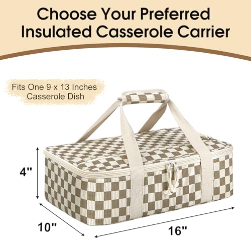 Corduroy Casserole Carrier, Insulated Lasagna Lugger for Hot/Cold Food, Fits 9" x 13" Baking Dish, Thermal Lunch Tote for Potluck & Picnic - Corduroy Khaki Grid - color: Corduroy Khaki Grid, size: 16x10x4 in