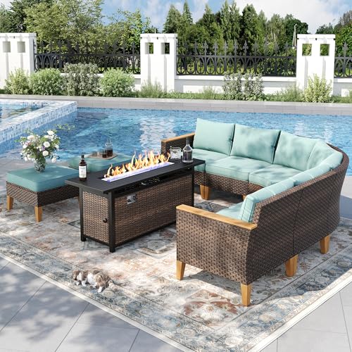 PHI VILLA 8-Piece Curved Patio Furniture Set with Fire Pit Table, Outdoor Wicker Half-Moon Sectional Sofa with Cushions, 56” Gas Fire Pit Table and Ottomans, Aqua Blue - color: Aqua Blue+fire Pit, size: 8 Seats - Curved