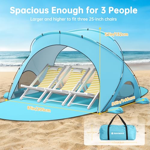 Raynesys Beach Tent Sun Shelter, Beach Shade Tent with UPF50+ UV Protection, Sun Shelter for 1-3 Person, Beaches Shade with 2 Zippered Doors, Portable Tents for Camping Fishing, Light Blue - color: Light Blue, size: For 3 Person