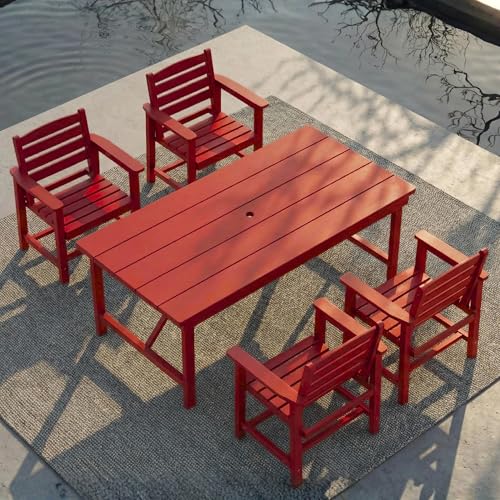 Outdoor HDPE Dining Set 5 Pieces, Patio Table with Umbrella Hole and 4 Chairs, All Weather Patio Furniture for Lawn, Garden, Backyard, Deck, Poolside, Outdoor Dining Table and Chairs, Red - color: Red, size: 5-Piece (1 Table + 4 Chairs)