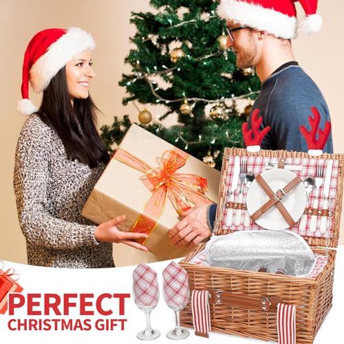 Wicker Picnic Basket for 2 with Large Insulated Cooler Compartment and Waterproof Picnic Blanket, Cutlery Service Kits, Wicker Picnic Hamper for Camping, Valentine Day,Thanks Giving,Birthday(Red) - color: Red Check