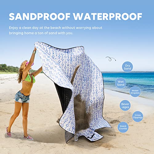 ZAZE Beach Blanket Picnic Blankets Waterproof Sandproof with Stakes, Thick 3-Layer 80 * 80 Oversized Mat, Extra Large Big Machine Washable, Foldable Accessories Outdoor Camping Park (Blue White) - color: Blue and White With Stake