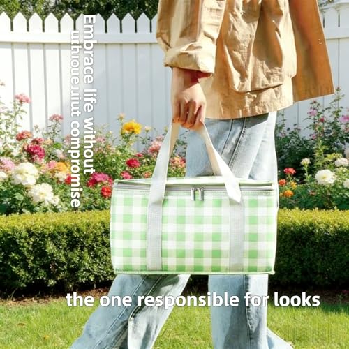 Set of 6 Foldable Insulated Picnic Bags, 14L Large Capacity Cooler Bag with Zippered Top, Reusable Thermal Beach Basket for Outdoor Travel Groceries (Red Checkered) - color: Red Checkered