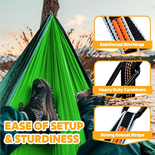 NATUREFUN Ultra-Light Travel Camping Hammock | 300kg Load Capacity,Breathable,Quick-Drying | 2 x Premium Carabiners,2 x Nylon Slings Included | Outdoor Indoor Garden - color: Light Green/Dark Green, size: 275x140cm