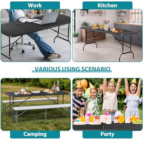 ZENY 6ft Portable Folding Table Plastic Indoor Outdoor Picnic Party Camp Dining Table with Handle (Black, 71" x 27") - color: Black, size: 71" x 27"