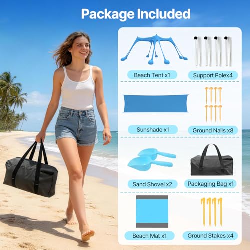 Suteck Beach Tent Sun Shelter with Sidewall, Easy Set Up 10x10ft Beach Canopy, Outdoor Sun Shade with UPF 50+UV Protection, 8 Sandbags, 4 Stability Poles for Camping, Fishing or Picnics(Sky Blue) - color: Sky Blue