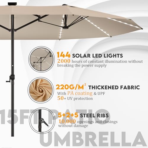 GDPFN 15ft Large Patio Umbrella with Solar Lights, Outdoor Double-Side Rectangular Umbrella, Backyard Pool Umbrella with LED Light for Deck, Outside, Market, Beige (Base Not Include) - color: Beige, size: With Led