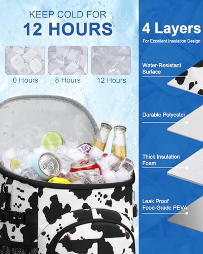 Pritent Cooler Backpack for Men Women Insulated Waterproof Backpack Cooler Leak Proof Cooler Bag Lightweight Lunch Backpack for Camping Beach Travel Picnic - color: Cow Print, size: 30 Cans