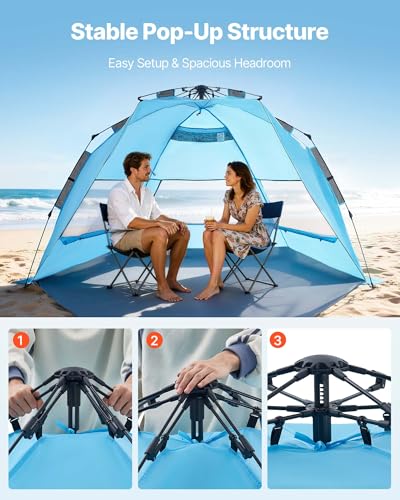 VEVOR Beach Tent Sun Shelter for 4 Person, Pop Up Beach Tent UPF 50+, Portable Sun Shade Beach with Carrying Bag and Sand Pockets, Easy Setup Umbrella for Camping Fishing Outdoor Picnic - size: 4 Person(Pop Up)