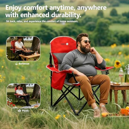 XMT Extra Wide Armrests Portable Folding Chair with Cup Holder Cooler Bag Heavy Duty 600D Oxford Fabric Supports 450lbs Compact Foldable Camping Chair for Outdoor Beach Picnic Sports - color: 02-red