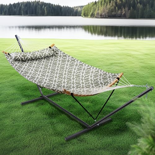 SUPERJARE Hammock with Stand, 2 Person Heavy Duty Hammock with Padded Cotton, Detachable Pillow & Strong Curved-Bar & Portable Carrying Bag, Perfect for Outdoor & Indoor, Grey with White Flower - color: Grey With White Flower