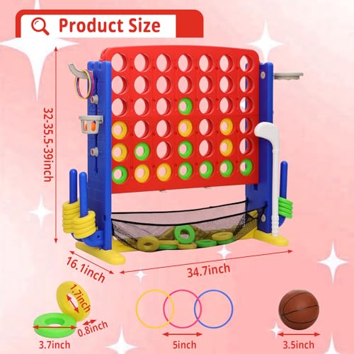 Giant 4-in-A Row Connect Game Set, Height Adjust Jumbo Yard Game for Kids & Adults w/Mesh Catching Bag, Basketball Hoop, Ring Toss & Mini Golf, Family Party 4-to-Score Indoor/Outdoor Games - color: Red Blue