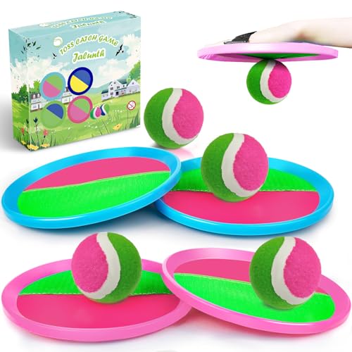 Jalunth Ball Catch Set Games Toss Paddle - Beach Toys Back Yard Outdoor Pool Backyard Camping Throw Age 3 4 5 6 7 8 9 10 11 12 Years Old Boys Girls Kids Adults Family Pink Blue Gifts 2 Pack - color: Pink+azure 4 Pack