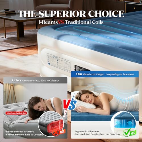 VOSSER Queen Air Mattress with Built-in Pump, Extra Thick Blow Up Mattress, Leak-Proof Air Bed with Storage Bag, Flocked Top Inflatable Mattress for Home, Camping & Guests，660lbs，Gift for Mom - color: Blue, size: Queen 15''(Standard Height)