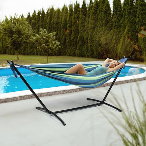 ONCLOUD 550 LBS Capacity Double Hammock with Stand Included with Portable Carrying Bag, Heavy Duty 2-Person Hammock for Outdoors & Indoors - Desert Stripe, Series TDCTZ1 - Blue Green Stripe