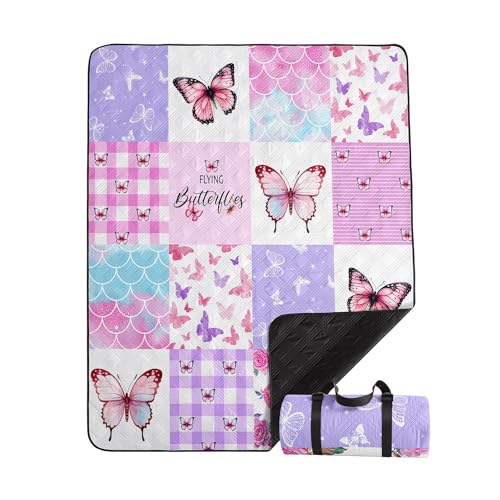 Outdoor Picnic Blanket,Portable Sandproof Waterproof Picnic Mat,Pink Checkerboard Butterfly Printed Camping Beach Mat for Sand and Wet Grass Hiking (Checkerboard S) - color: Checkerboard, size: Standard - 59"x78"