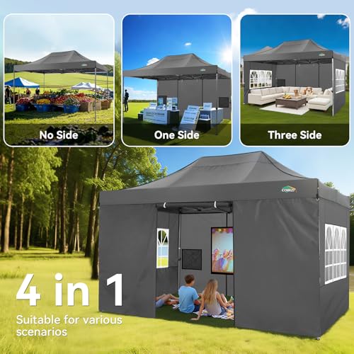 COBIZI 10x15 Heavy Duty Pop Up Canopy Tent with 4 Sidewalls Thicken Frame, Commercial Easy Up Outdoor Wedding Party Tents, All Season Waterproof Windproof with Stakes Sandbags Ropes Bag, Gray - color: Gray, size: 10x15