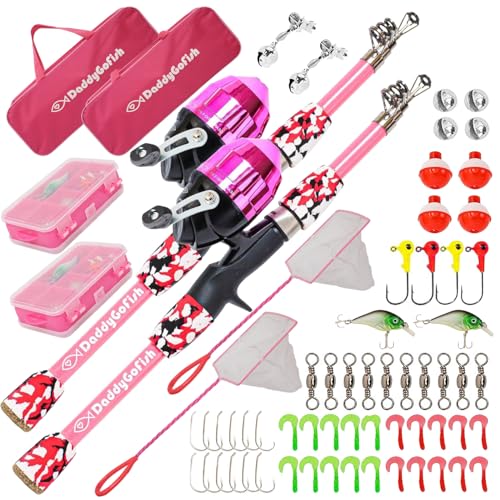 DaddyGoFish Kids Fishing Pole - Rod Reel Combo Tackle Box Starter Set - First Year Small Gear Kit for Boys Girls Toddler Youth Age Beginner Little Children - color: 2 Pack- Pink + Pink (Essential Set), size: 4ft