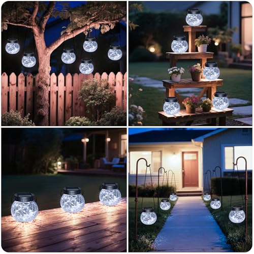 Kolpop Solar Lanterns Outdoor Waterproof 6 Pack, Hanging Solar Lights with 30 LED, Cracked Glass Hanging Globes for Garden Patio Fence Yard Christmas Tree Decoration, Cold White - color: Cold White, size: 6 Pack