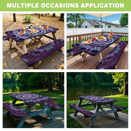 ANNA QUEEN Mandala Picnic Table Cover Set, 6FT Boho Purple Waterproof Tablecloth & Bench Covers 3PCS 72"x30" for Camping Garden Patio Festivals Retreats - color: #4