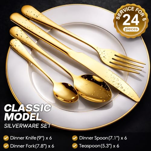 Chandler 24-Piece Gold Silverware Set for 6 with Wooden Storage Case, Stainless Steel 410 (18/0) Flatware Set, Mirror Polish Heavy Duty Cutlery Set – Knives, Forks, Spoons & Teaspoons, Dishwasher Safe