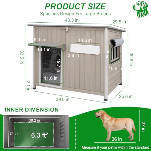 Gowoodhut Dog House Outdoor Weatherproof & Wooden Dog Kennel with Chew-Proof Iron Frame，Removable Floor, Adjustable Vent Window, Easy Assembly for Medium Dogs (43.3" L x 29.5" W x 33.5" H) - size: 43" L X 30" W X 33" H