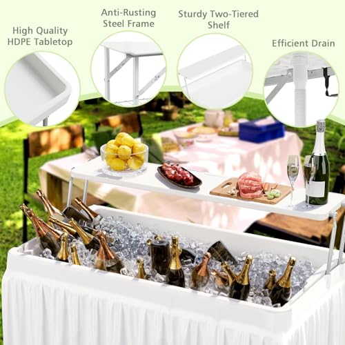 LHBcraft Outdoor Ice Cooler Folding Table with Extra Storage Shelf,Ice Tables for Parties with Drain,Cooler Server for Camping, Picnic, Wedding, BBQ (White) - color: 2 Tier-white Ivory
