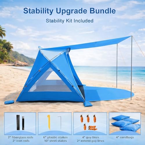 Beach Tent, Portable Sun Shelter for 2/3/4/6-8 Person with UPF 50+ UV Protection, Easy Setup Waterproof Beach Shade Canopy Cabana for Family Outdoor and Picnics, Fishing with Carrying Bag - color: Blue with Canopy, size: Standard 3-Person