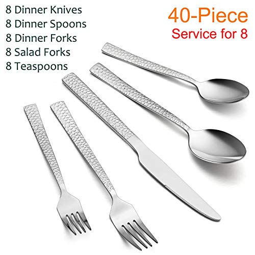 E-far Hammered Silverware Set, 40-Piece Stainless Steel Square Flatware Set for 8, Metal Tableware Cutlery Set Includes Dinner Knives/Forks/Spoons, Modern Design & Mirror Polished - Dishwasher Safe - size: 40-Piece for 8