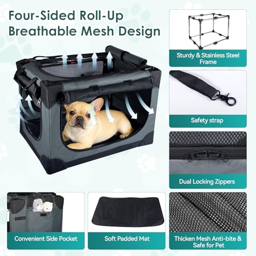 Soft Small Dog Crate - 24 inch Portable Travel Puppy Crate for Small Pets or 2 Cats, Collapsible Pet Carrier with 4 Mesh Doors, Car Kennel for Dogs with Handle for Indoor and Outdoor, Grey - color: Grey