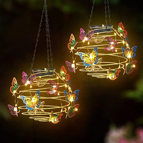 2 Pack Butterfly Solar Lights Outdoor Hanging Lantern with Handle, Solar Powered Butterflies Garden Decor for Outside Patio Yard Porch Pathway Butterfly Gifts for Women (Warm White LED Lights) - color: butterfly lantern