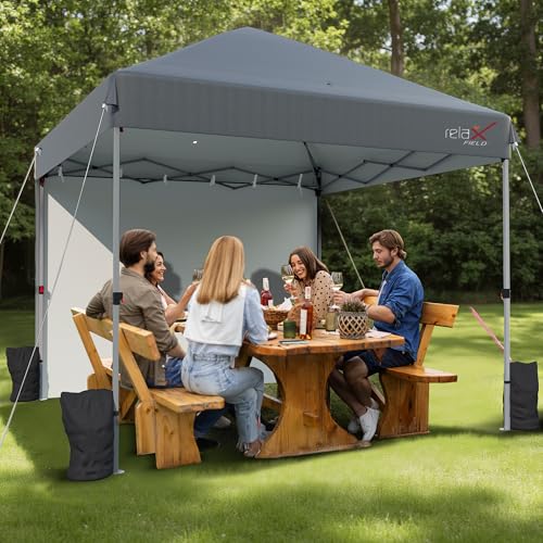 10x10 Outdoor Folding Canopy Tent with 1 Sidewall, Easy Up Outdoor Shelter with One Person Set Up Center Lock, Portable Patio Screen Tent for Camping, Party, Beach & Picnic,Grey - color: Grey with 1 Sidewall