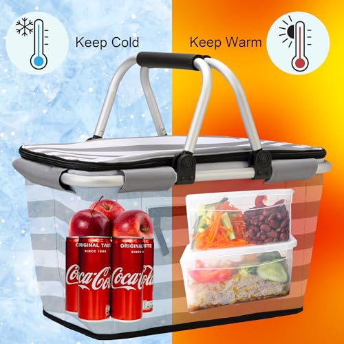 SIYUAN 30L Picnic Basket with Handles Leakproof Large Stripped Insulated Cooler Grocery Shopping Market Tote for Family Gray White - color: Gray White