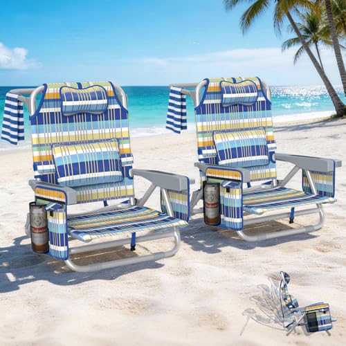 5-Position Backpack Beach Chair for Adults with Lumbar, Foldable Tall Heavy-Duty Beach Chairs with Cooler Bag,Cup Holder,Towel Rack for Beach, Camping, Outdoor (2, RainbowBlue&Orange) - color: Rainbowblue&orange, size: 2 pack