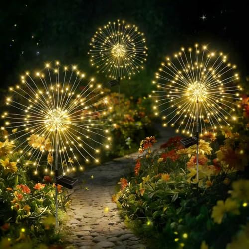 Solar Garden Lights Outdoor Decor Waterproof, 3Pack 120LED Firework Lights for Garden Decorative, Fairy Lights Solar Powered for Yard, Patio,Pathway,Flowerbed,Planter,Party(Warm White) - size: 3 Pack